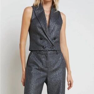 L'AGENCE Metallic Grey Herringbone Double-Breasted Women's Fable Vest